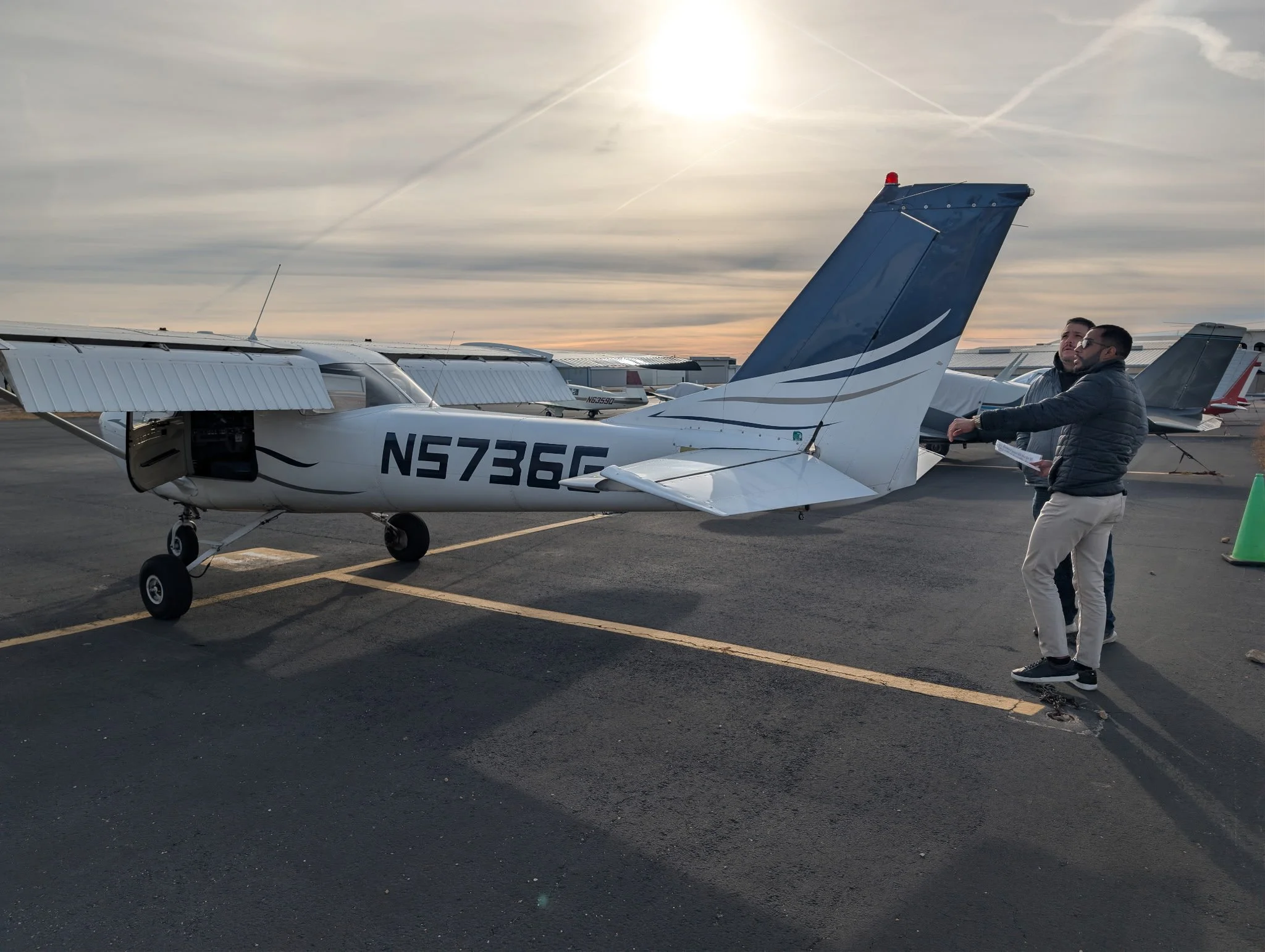 SkyRise Air Cessna 150 N5736G at golden hour, Lago Vista TX